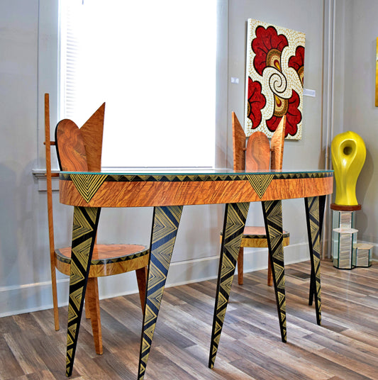 Wooden Carved Table and Two Chairs
